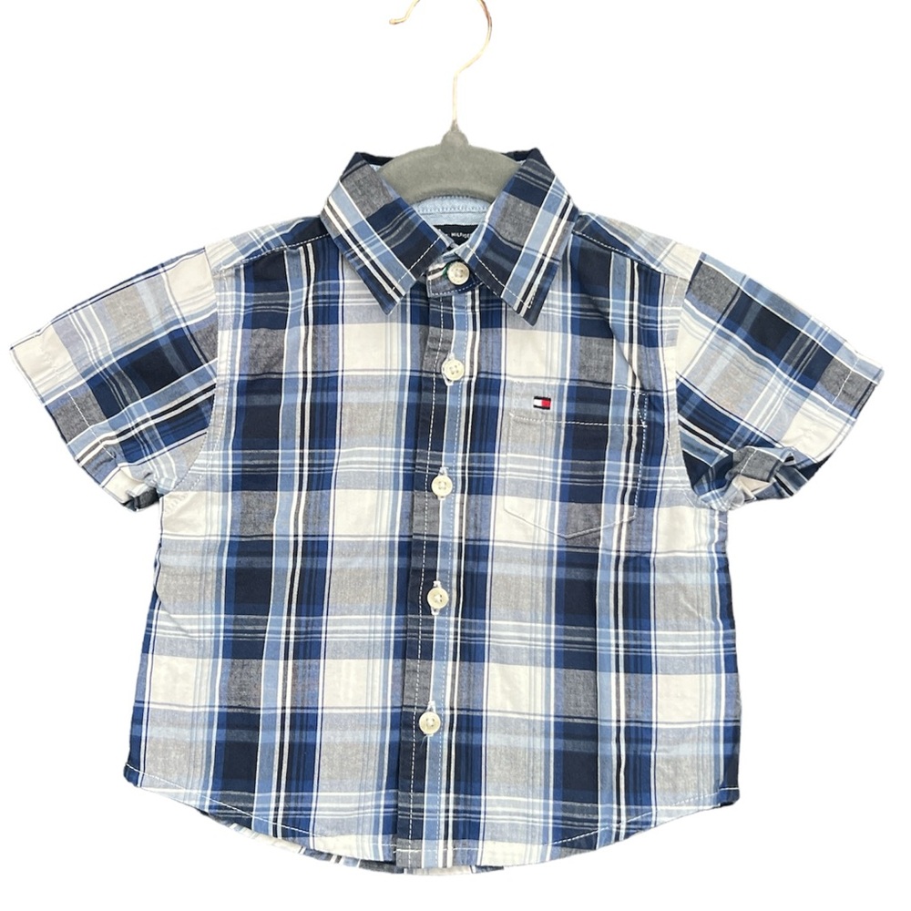 Tommy Hilfiger blue plaid baby boys 12-18 month short sleeve button up shirt